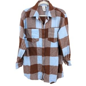 Collusion Plaid Flannel Button Shirt Women 6 Brown Blue Oversized Grunge Shacket